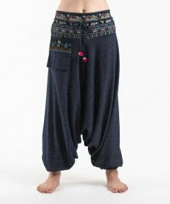 HaremPants.com Pinstripe Cotton Low Cut Women's Harem Pants With Elephant Trim In Navy