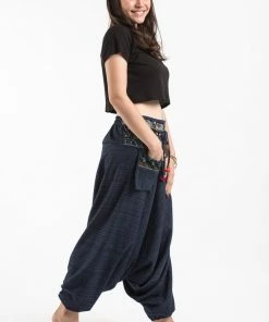 HaremPants.com Pinstripe Cotton Low Cut Women's Harem Pants With Elephant Trim In Navy