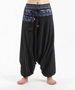 HaremPants.com Pinstripe Cotton Low Cut Women's Harem Pants With Elephant Trim In Black