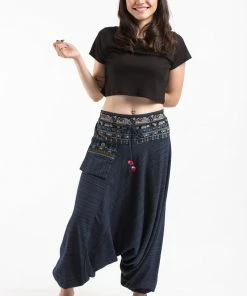 HaremPants.com Pinstripe Cotton Low Cut Women's Harem Pants With Elephant Trim In Navy