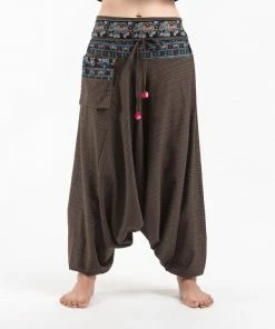 HaremPants.com Pinstripe Cotton Low Cut Women's Harem Pants With Elephant Trim In Brown