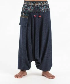HaremPants.com Pinstripe Cotton Low Cut Men's Harem Pants With Elephant Trim In Navy
