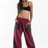HaremPants.com Thai Cotton Women's Pants With Hill Tribe Trim In Red