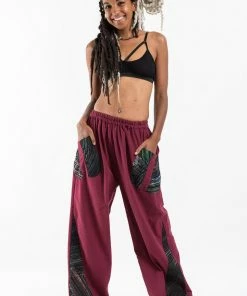HaremPants.com Thai Cotton Women's Pants With Hill Tribe Trim In Red