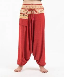 HaremPants.com Pinstripe Cotton Low Cut Women's Harem Pants With Elephant Trim In Red