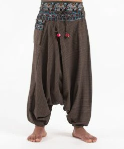 HaremPants.com Pinstripe Cotton Low Cut Men's Harem Pants With Elephant Trim In Brown