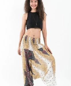 HaremPants.com Women's Peacock Feathers Jumpsuit Harem Pants In White