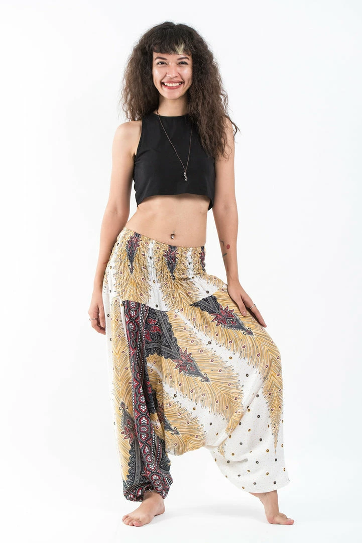 HaremPants.com Women's Peacock Feathers Jumpsuit Harem Pants In White 3 HaremPants.com Women's Peacock Feathers Jumpsuit Harem Pants In White