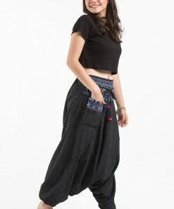 HaremPants.com Pinstripe Cotton Low Cut Women's Harem Pants With Elephant Trim In Black