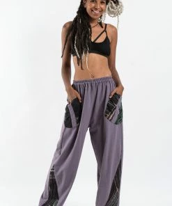 HaremPants.com Thai Cotton Women's Pants With Hill Tribe Trim In Violet Gray