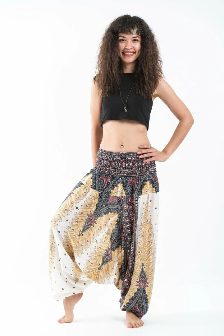 HaremPants.com Women's Peacock Feathers Jumpsuit Harem Pants In White 5 HaremPants.com Women's Peacock Feathers Jumpsuit Harem Pants In White