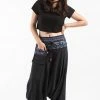 HaremPants.com Pinstripe Cotton Low Cut Women's Harem Pants With Elephant Trim In Black