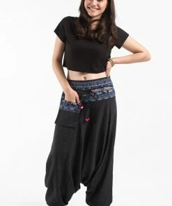 HaremPants.com Pinstripe Cotton Low Cut Women's Harem Pants With Elephant Trim In Black