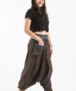 HaremPants.com Pinstripe Cotton Low Cut Women's Harem Pants With Elephant Trim In Brown