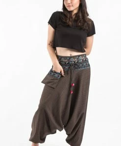 HaremPants.com Pinstripe Cotton Low Cut Women's Harem Pants With Elephant Trim In Brown