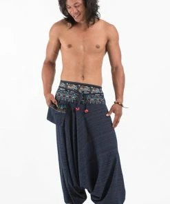 HaremPants.com Pinstripe Cotton Low Cut Men's Harem Pants With Elephant Trim In Navy