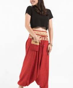 HaremPants.com Pinstripe Cotton Low Cut Women's Harem Pants With Elephant Trim In Red