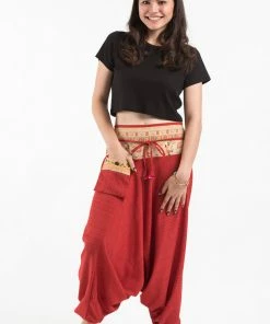 HaremPants.com Pinstripe Cotton Low Cut Women's Harem Pants With Elephant Trim In Red