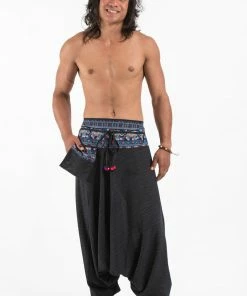 HaremPants.com Pinstripe Cotton Low Cut Men's Harem Pants With Elephant Trim In Black