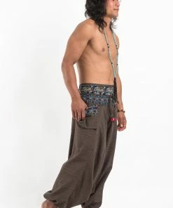HaremPants.com Pinstripe Cotton Low Cut Men's Harem Pants With Elephant Trim In Brown