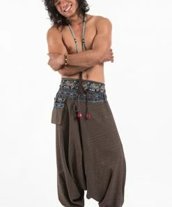 HaremPants.com Pinstripe Cotton Low Cut Men's Harem Pants With Elephant Trim In Brown