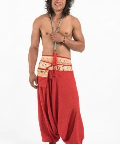 HaremPants.com Pinstripe Cotton Low Cut Men's Harem Pants With Elephant Trim In Red