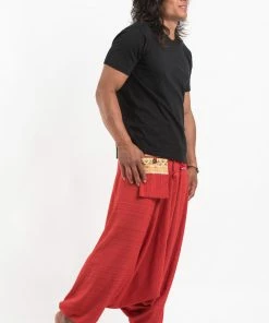 HaremPants.com Pinstripe Cotton Low Cut Men's Harem Pants With Elephant Trim In Red