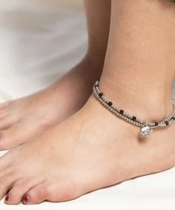 HaremPants.com Hand Made Fair Trade Anklet Double Strand Silver Beads Black Elephant Black Harem Pants