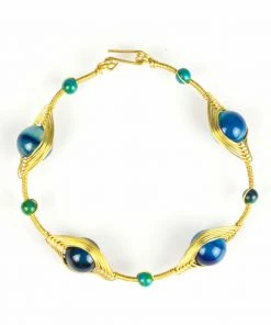 HaremPants.com Wired Brass Bracelet With Blue Marble Beads Blue Harem Pants
