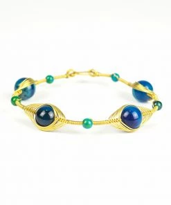 HaremPants.com Wired Brass Bracelet With Blue Marble Beads Blue Harem Pants