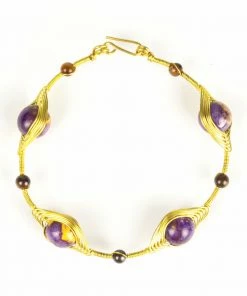 HaremPants.com Wired Brass Bracelet With Purple Marble Beads