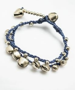 HaremPants.com Silver Color Bell Waxed Cotton Bracelets In Blue
