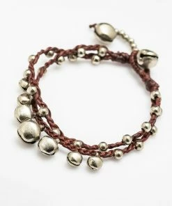 HaremPants.com Silver Color Bell Waxed Cotton Bracelets In Brown Handmade Bracelets