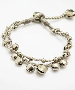 HaremPants.com Handmade Bracelets Silver Color Bell Waxed Cotton Bracelets In Gray