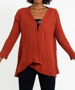 HaremPants.com Women's Crinkled Hill Tribe Cotton Cardigan In Brick