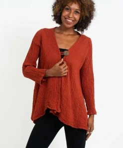 HaremPants.com Women's Crinkled Hill Tribe Cotton Cardigan In Brick