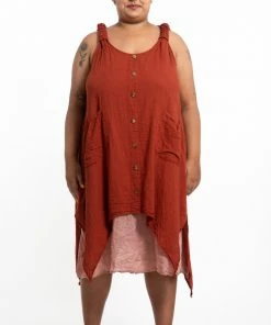 HaremPants.com Plus Size Women's Crinkled Hill Tribe Cotton Tank Dress In Brick