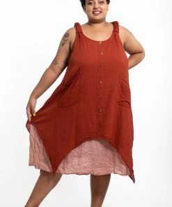 HaremPants.com Plus Size Women's Crinkled Hill Tribe Cotton Tank Dress In Brick