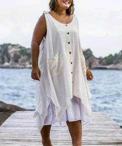 HaremPants.com Plus Size Women's Crinkled Hill Tribe Cotton Tank Dress In Off White
