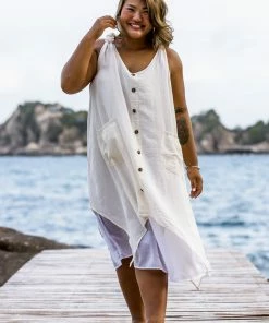 HaremPants.com Plus Size Women's Crinkled Hill Tribe Cotton Tank Dress In Off White