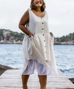 HaremPants.com Plus Size Women's Crinkled Hill Tribe Cotton Tank Dress In Off White