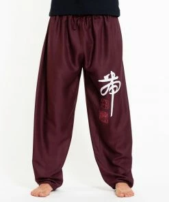 HaremPants.com Men's Drawstring Yoga Pants Chinese Writing Men's Thai Yoga Pants In Burgundy