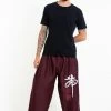 HaremPants.com Men's Drawstring Yoga Pants Chinese Writing Men's Thai Yoga Pants In Burgundy