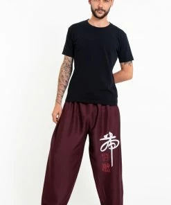 HaremPants.com Men's Drawstring Yoga Pants Chinese Writing Men's Thai Yoga Pants In Burgundy