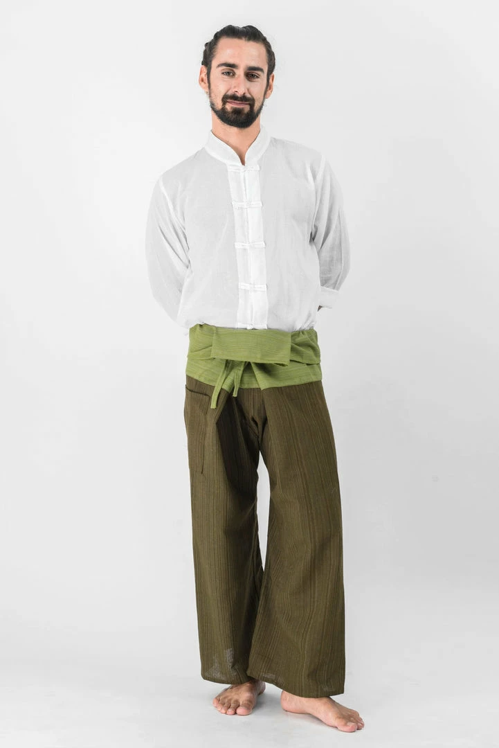 HaremPants.com Men's Unisex 2-Tone Pinstripes Thai Fisherman Pants In Green 5 HaremPants.com Men's Unisex 2-Tone Pinstripes Thai Fisherman Pants In Green