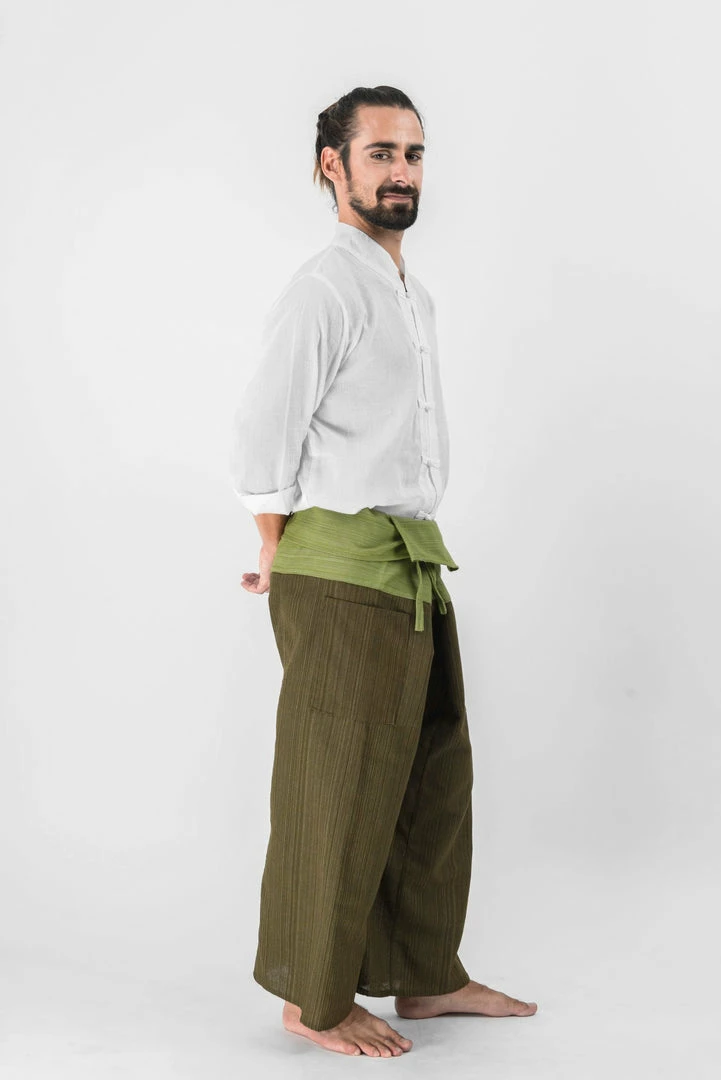 HaremPants.com Men's Unisex 2-Tone Pinstripes Thai Fisherman Pants In Green 7 HaremPants.com Men's Unisex 2-Tone Pinstripes Thai Fisherman Pants In Green