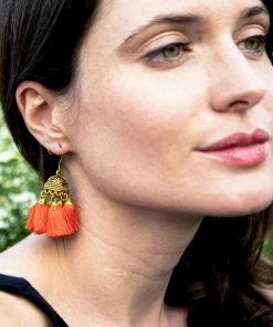 HaremPants.com Orange Tassels Brass Earrings