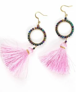 HaremPants.com Circle Pink Tassels Brass Earrings Pink Harem Pants