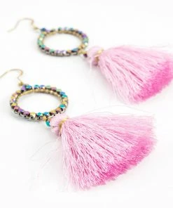 HaremPants.com Circle Pink Tassels Brass Earrings Pink Harem Pants
