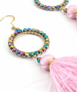 HaremPants.com Circle Pink Tassels Brass Earrings Pink Harem Pants